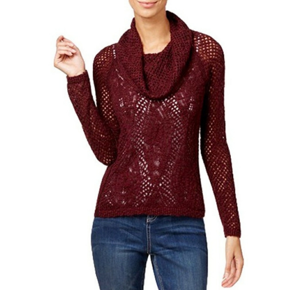 INC Sweater Medium Wine Red Pointelle Turtleneck Cable Knit New